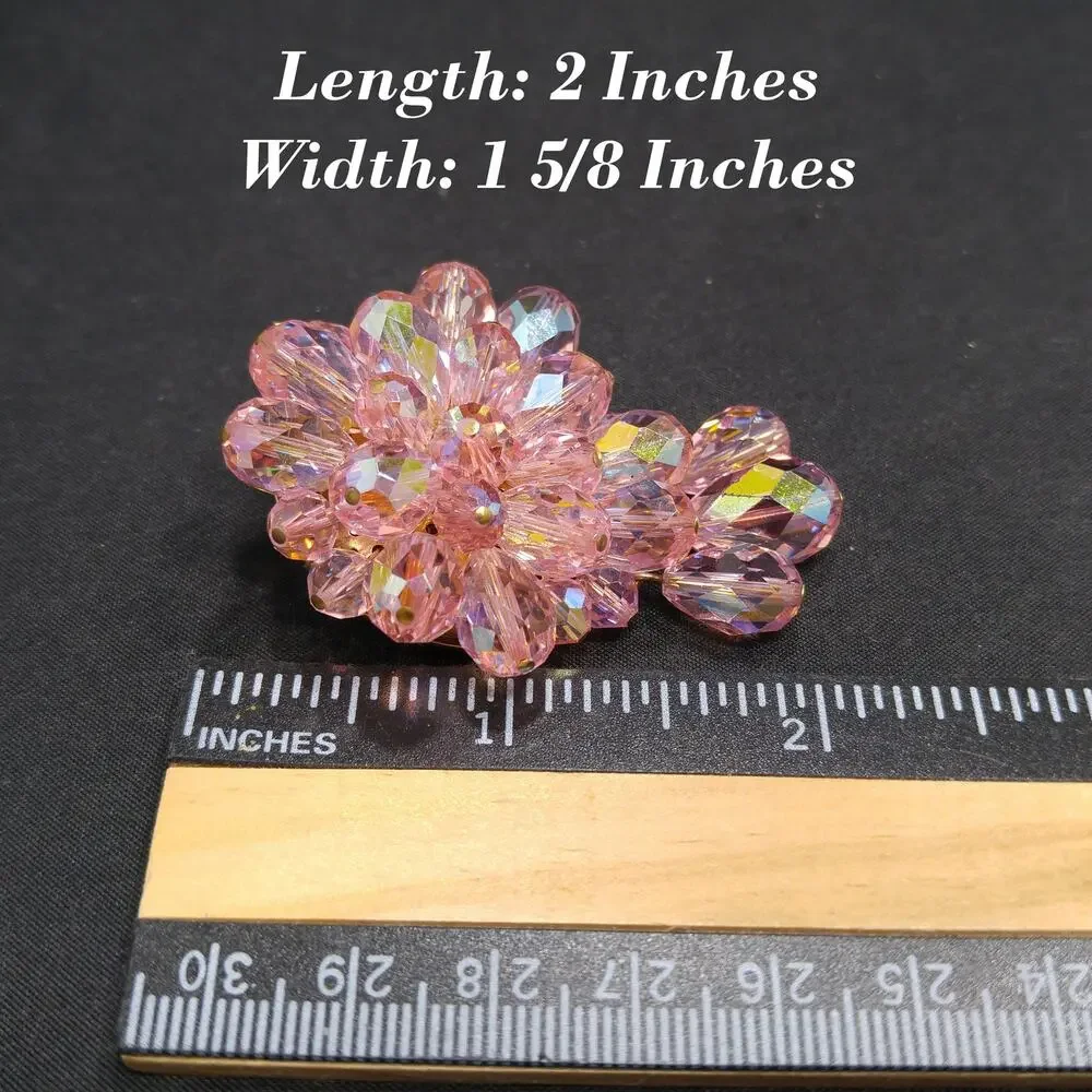 Pink Aurora Borealis Beaded Brooch, Three Bead Dangles, 1960s Vintage Jewelry